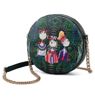 Artificial leather printed round chain bag